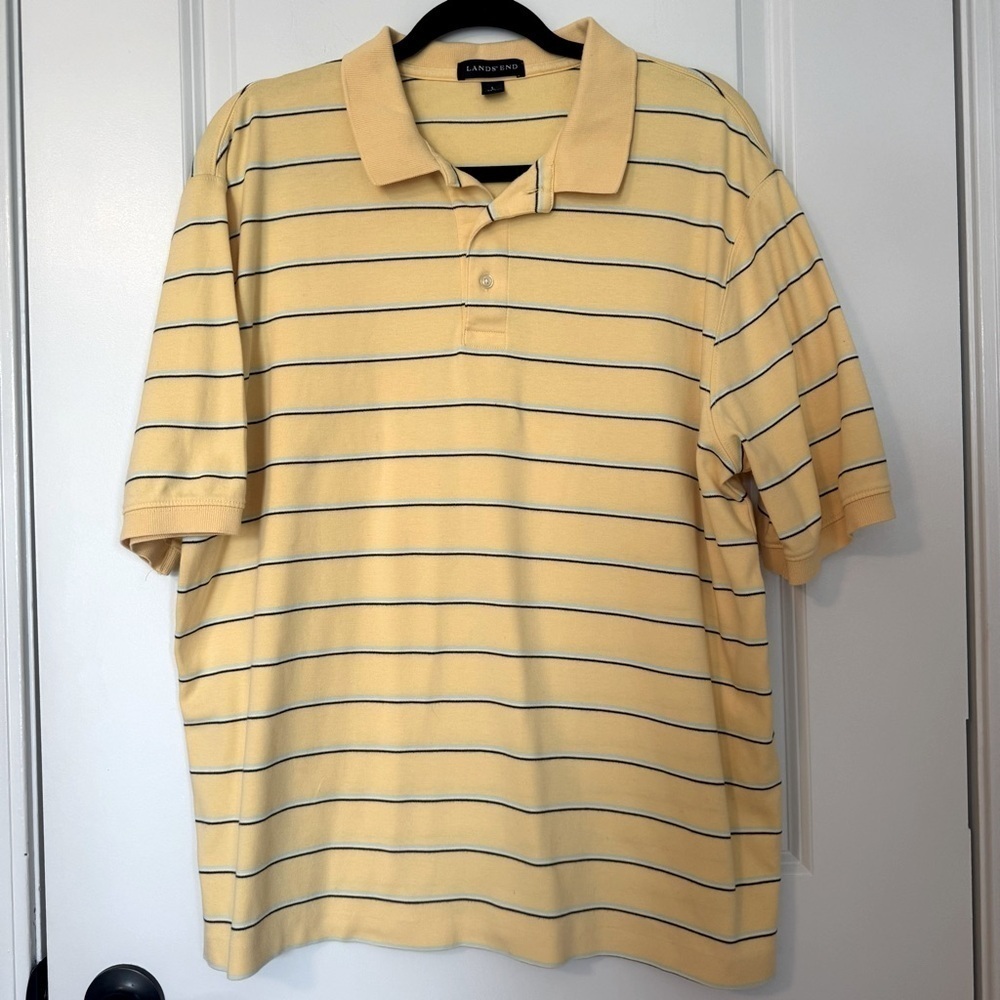 Lands' End Yellow and Blue Striped Men's Polo Large Shirt